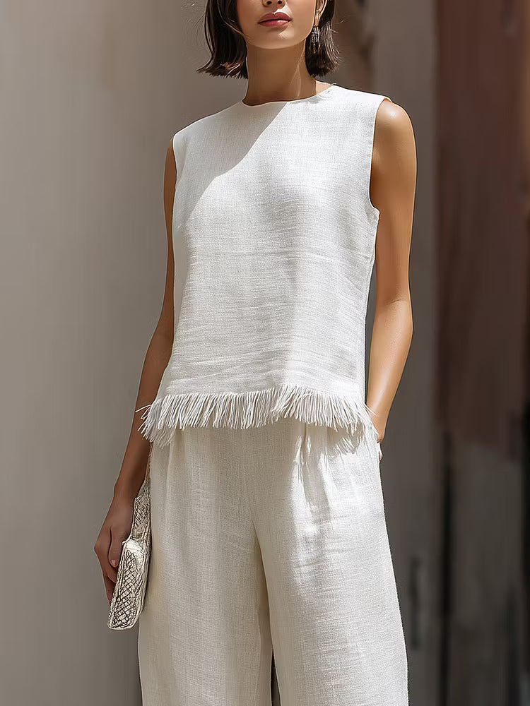 Conjunto Lino con Flecos Minimalista para Mujer