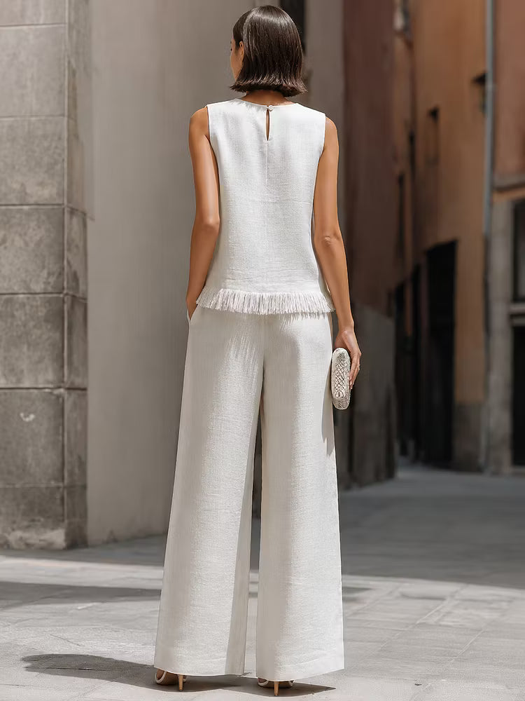 Conjunto Lino con Flecos Minimalista para Mujer