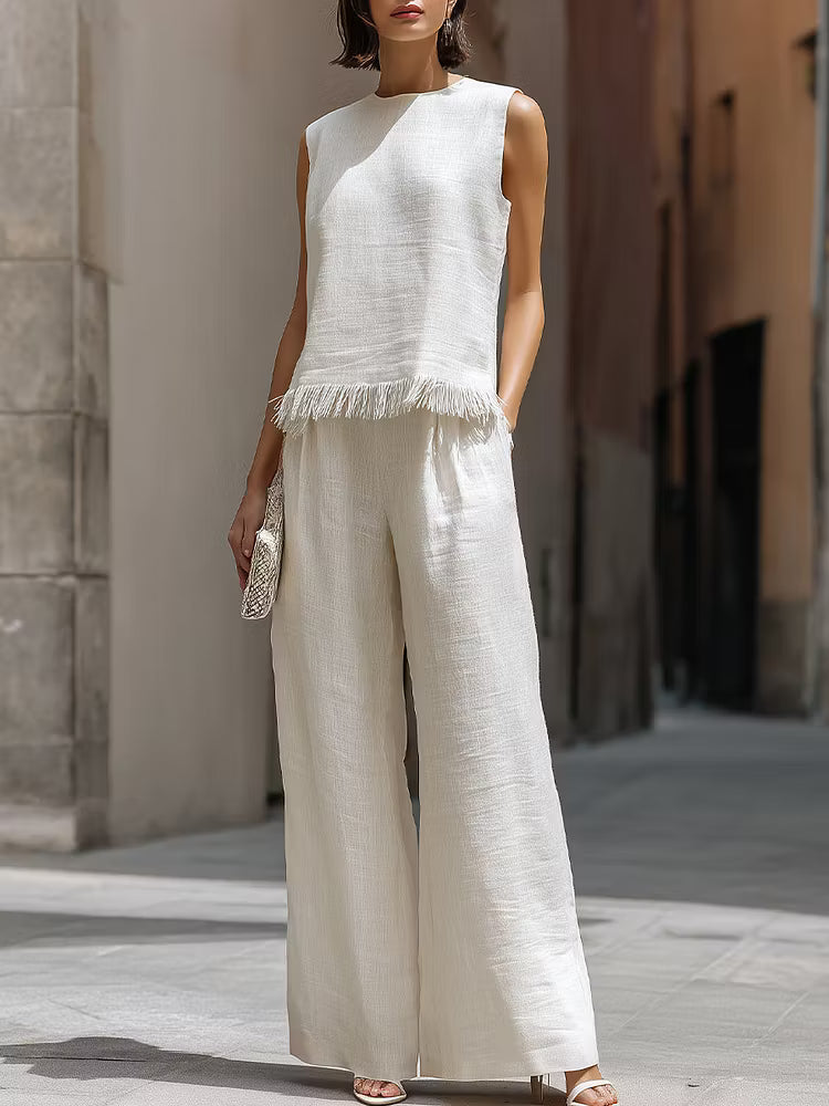 Conjunto Lino con Flecos Minimalista para Mujer