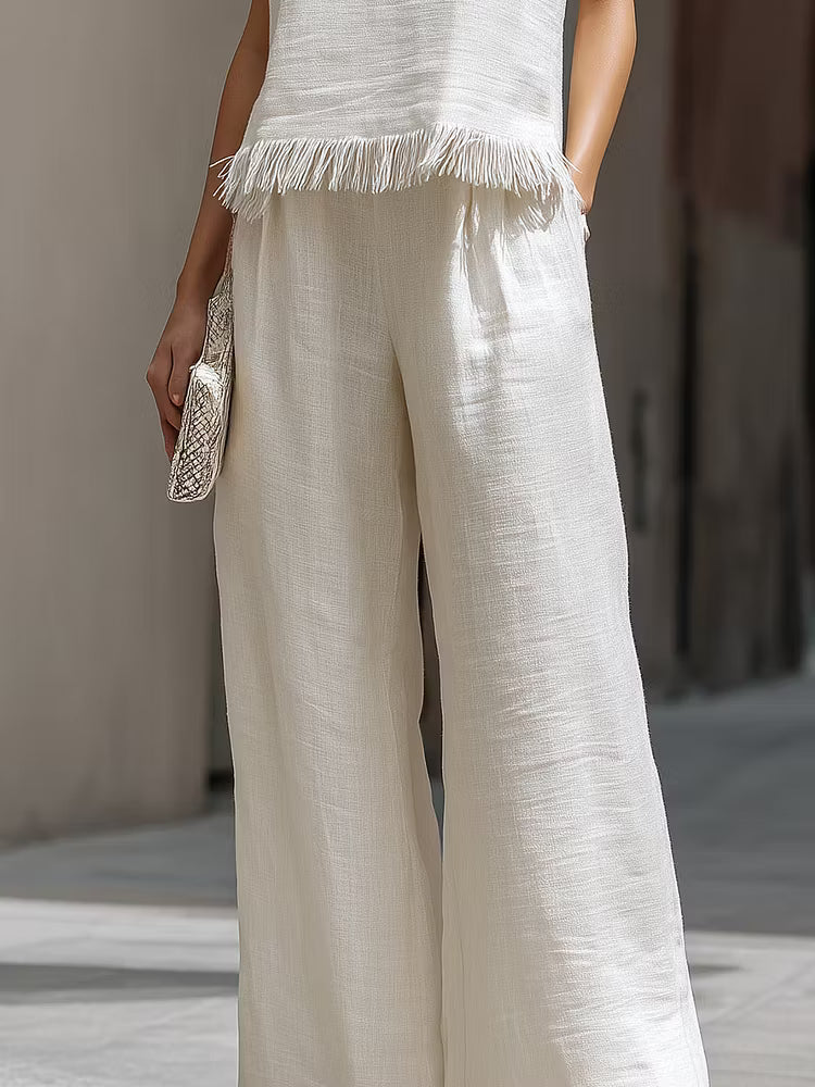 Conjunto Lino con Flecos Minimalista para Mujer