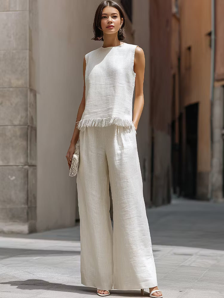 Conjunto Lino con Flecos Minimalista para Mujer